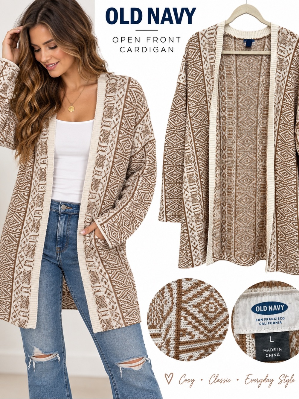 Old Navy Brown Cream Geometric Aztec Boho Open Front Cardigan L